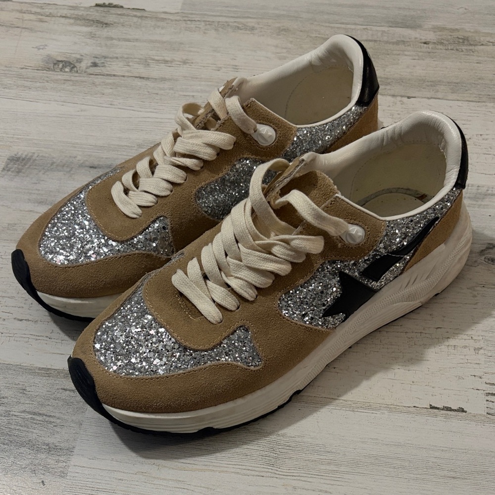 Golden Goose Tan and Silver Glitter Sneakers